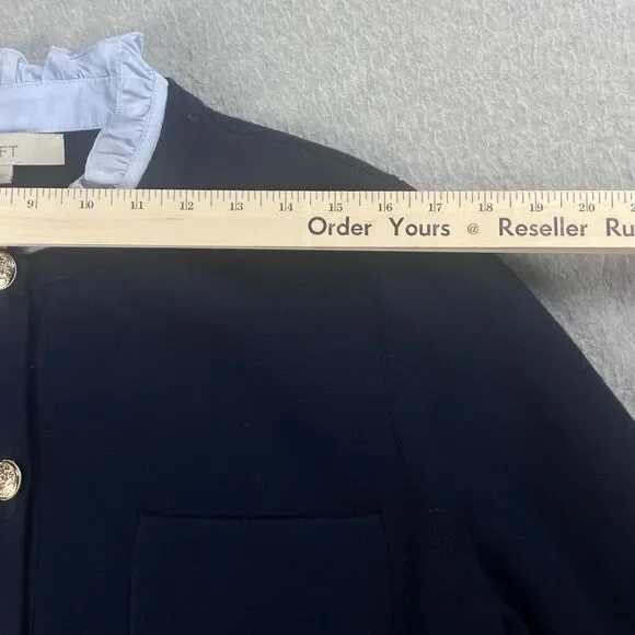 Loft Ruffle Neck Sweater Womens XL Navy Button Up Cardigan Workwear Fall Casual - Picture 5 of 12